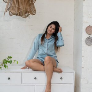 Blue concealed button shirt with shorts