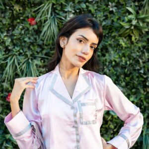 Pink crop top shirt with pyjama.